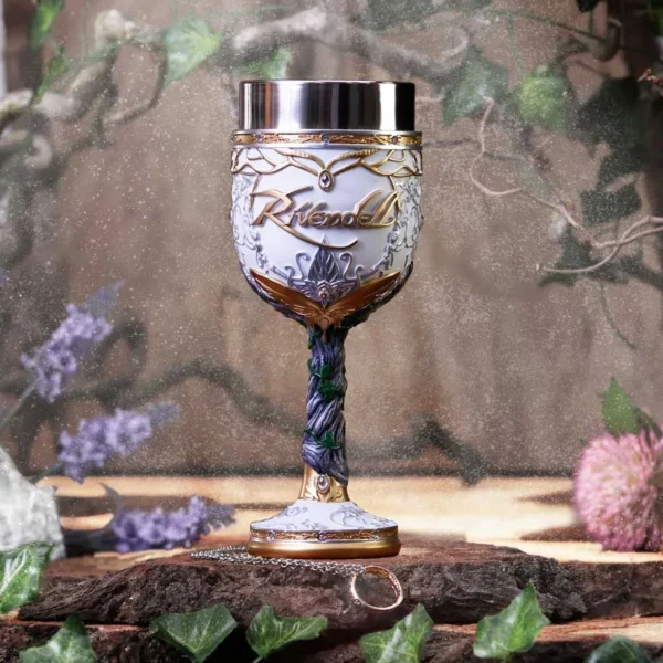 Rivendell Elven Chalice Silver Gold Enamel - Leaf Vine Design An ornate silver and gold Elven chalice labeled “Rivendell” resting on a rustic wooden surface with ivy.