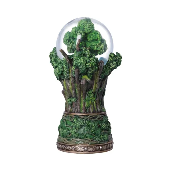 Enchanted Tree Snow Globe Resin Forest Base - Green Nature Theme A decorative snow globe featuring a lush green tree inside a detailed forest-themed base.