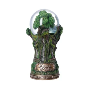 Middle Earth Tree Ent Snow Globe Bronze Base - Leafy Canopy Fantasy tree creature snow globe with leafy branches and bronze base engraved “Middle Earth”.
