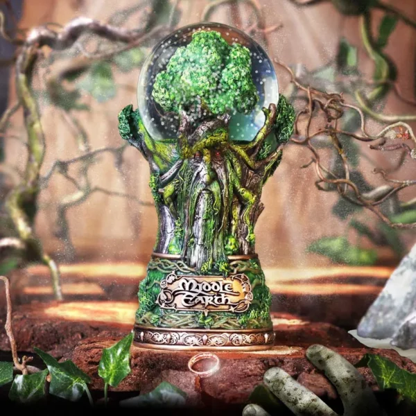 Middle Earth Bronze Snow Globe - Ent Tree With One Ring A fantasy snow globe featuring an Ent-like tree, Elven base, and the One Ring in a forest.