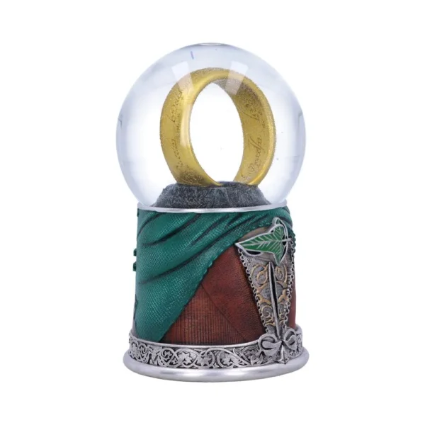 Lord Of The Rings Snow Globe Gold Glass - Elven Silver Base A fantasy snow globe featuring the One Ring on a rocky base with Elven-themed silver details.