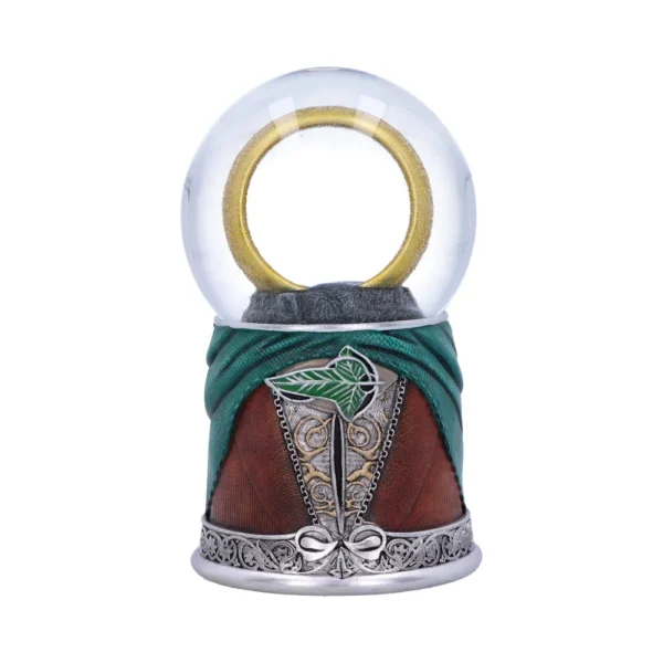 Lord Of The Rings Snow Globe Glass Dome - Golden Ring Base A Lord of the Rings snow globe featuring the golden One Ring on a detailed Elven-themed base.