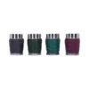Metallic Fabric-Wrapped Cups Set - Gray, Green, and Burgundy Four metallic cups wrapped in gray, green, and burgundy fabric, arranged in a horizontal row.