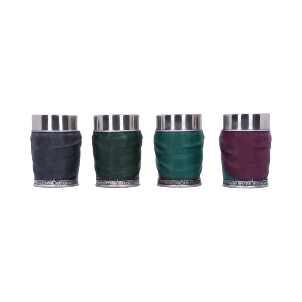 Metallic Fabric-Wrapped Cups Set - Gray, Green, and Burgundy Four metallic cups wrapped in gray, green, and burgundy fabric, arranged in a horizontal row.