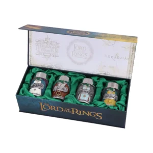 Lord of the Rings Collector Box Set - Blue Velvet Themed Bottles A Lord of the Rings collector’s box with four themed decorative bottles on green velvet.
