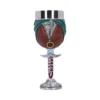 A fantasy-themed ornate goblet with silver rim, teal wrapping, golden accents, and engraved sword-like stem.