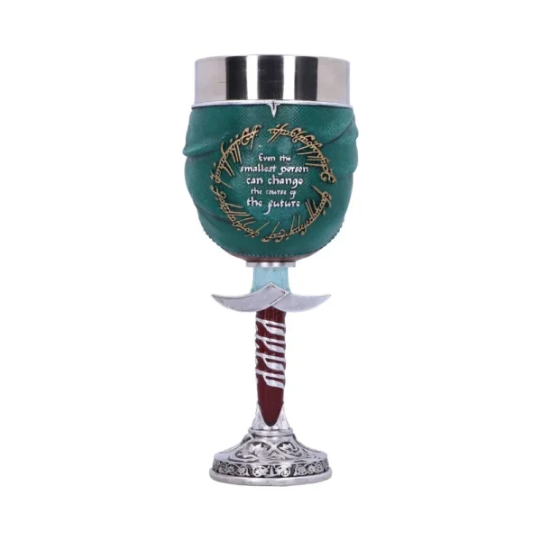 An ornate green and silver goblet with Elvish script and a Galadriel quote from The Lord of the Rings.