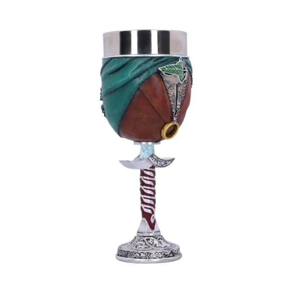 Fantasy Goblet Stainless Steel Sword Hilt - Green Leaf Ring Fantasy-themed goblet with sword hilt stem, golden ring, green leaf, and decorative metal base.