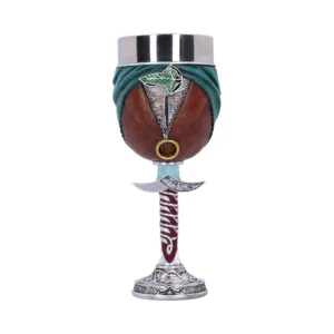 Fantasy Silver Teal Goblet Cup - Sword Hilt Design A fantasy-themed ornate goblet with silver rim, teal wrapping, golden accents, and engraved sword-like stem.