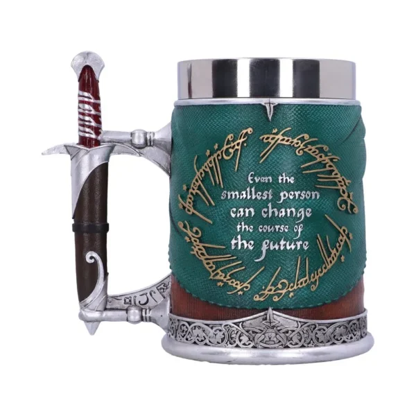 A green fantasy-themed mug with Elvish designs and a sword-shaped handle inspired by Middle-earth.