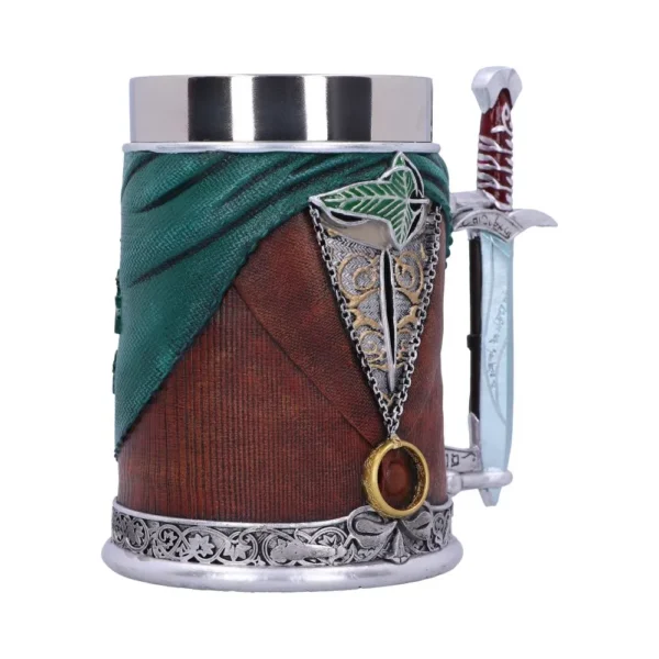 Lord Of The Rings Mug Stainless Steel Brown Green Sword Handle A detailed Lord of the Rings-themed mug with sword handle, Leaf of Lórien, and One Ring accents.