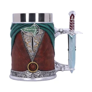 Fantasy Leather Mug Brown Cloak Design With Sword Handle Fantasy-themed mug shaped like a medieval tunic with a sword handle and ornate elven details