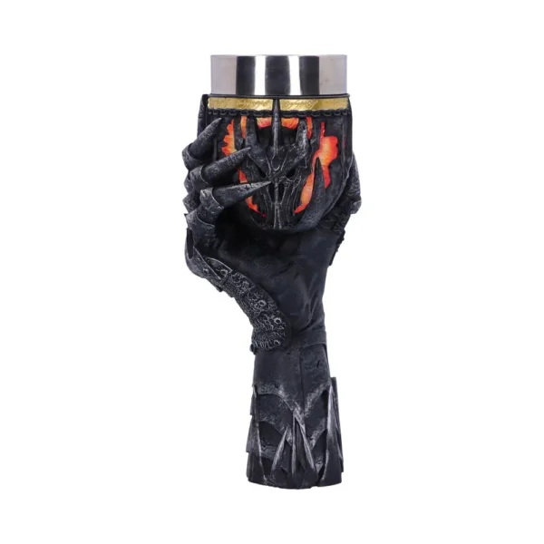 Sauron Hand Goblet Stainless Steel Black - Fiery Molten Design A silver and black goblet shaped like Sauron’s armored hand with fiery molten details.