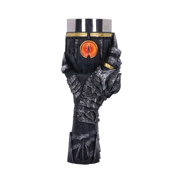 Sauron Hand Goblet Stainless Steel Black Cup - Fiery Eye Design A black armored Sauron hand goblet with fiery Eye of Sauron and golden Elvish inscription.