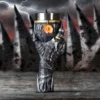 Dark Silver Gauntlet Goblet Cup - Glowing Eye and Golden Ring A metallic gauntlet-shaped goblet with a glowing orange eye and golden ring on its finger.