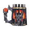 Sauron Fantasy Tankard Mug Stainless Steel - Fiery Eye Design A detailed Sauron-themed tankard featuring his helmet, fiery Eye, and Elvish ring inscription.