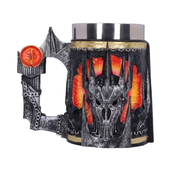 A detailed Sauron-themed tankard featuring his helmet, fiery Eye, and Elvish ring inscription.