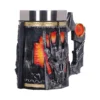 Dark Fantasy Tankard Stainless Steel Black - Fiery Skull Design A dark fantasy tankard featuring a skull-like helmet design with fiery lava accents and gold trim.
