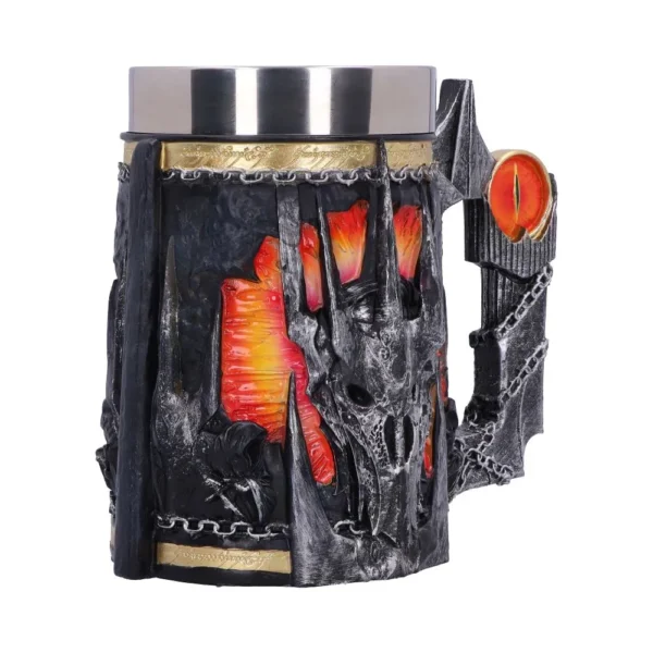 Dark Fantasy Tankard Stainless Steel Black - Fiery Skull Design A dark fantasy tankard featuring a skull-like helmet design with fiery lava accents and gold trim.