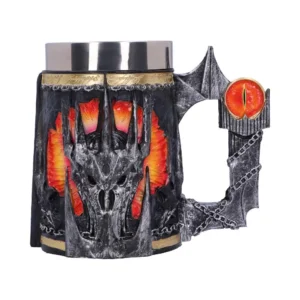 Sauron Lord Of The Rings Mug Metal Gray - Fiery Eye Handle A dark metallic Sauron-themed mug with fiery accents and the Eye of Sauron handle.