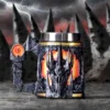 Sauron Dark Fantasy Ceramic Mug Black - Fiery Eye Handle Design A dark fantasy Sauron-themed mug with fiery details and Elvish script on the rim.