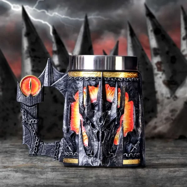 Sauron Dark Fantasy Ceramic Mug Black - Fiery Eye Handle Design A dark fantasy Sauron-themed mug with fiery details and Elvish script on the rim.