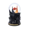Eye Of Sauron Fantasy Snow Globe Figurine - Black Gothic Base A fantasy snow globe featuring the fiery Eye of Sauron above a dark gothic fortress base.