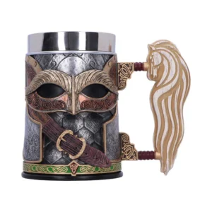 Viking Warrior Metal Mug Silver With Gold Horse Handle Viking-style metal mug with helmet mask design and gold horse-shaped handle.