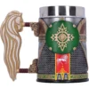 Medieval Knight Tankard Mug Stainless Steel Green Shield Design Medieval-style tankard with horse-head handle, chainmail texture, and green shield emblem design.