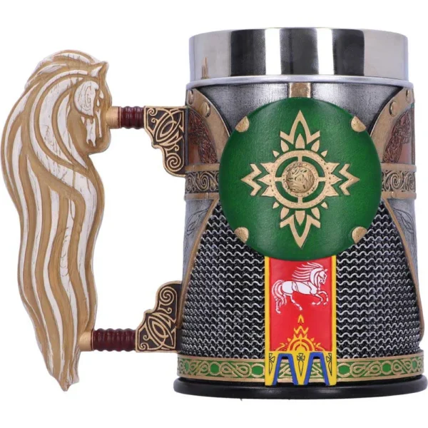 Medieval Knight Tankard Mug Stainless Steel Green Shield Design Medieval-style tankard with horse-head handle, chainmail texture, and green shield emblem design.