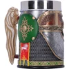 Medieval Silver Tankard Mug - Horse Motif & Green Shield Emblem A medieval-style silver tankard with horse motifs, green shield emblem, and ornate armor-like design.