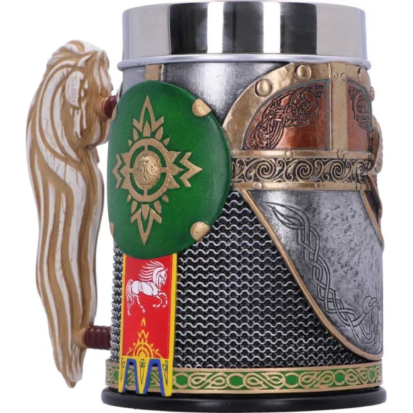 A medieval-style silver tankard with horse motifs, green shield emblem, and ornate armor-like design.