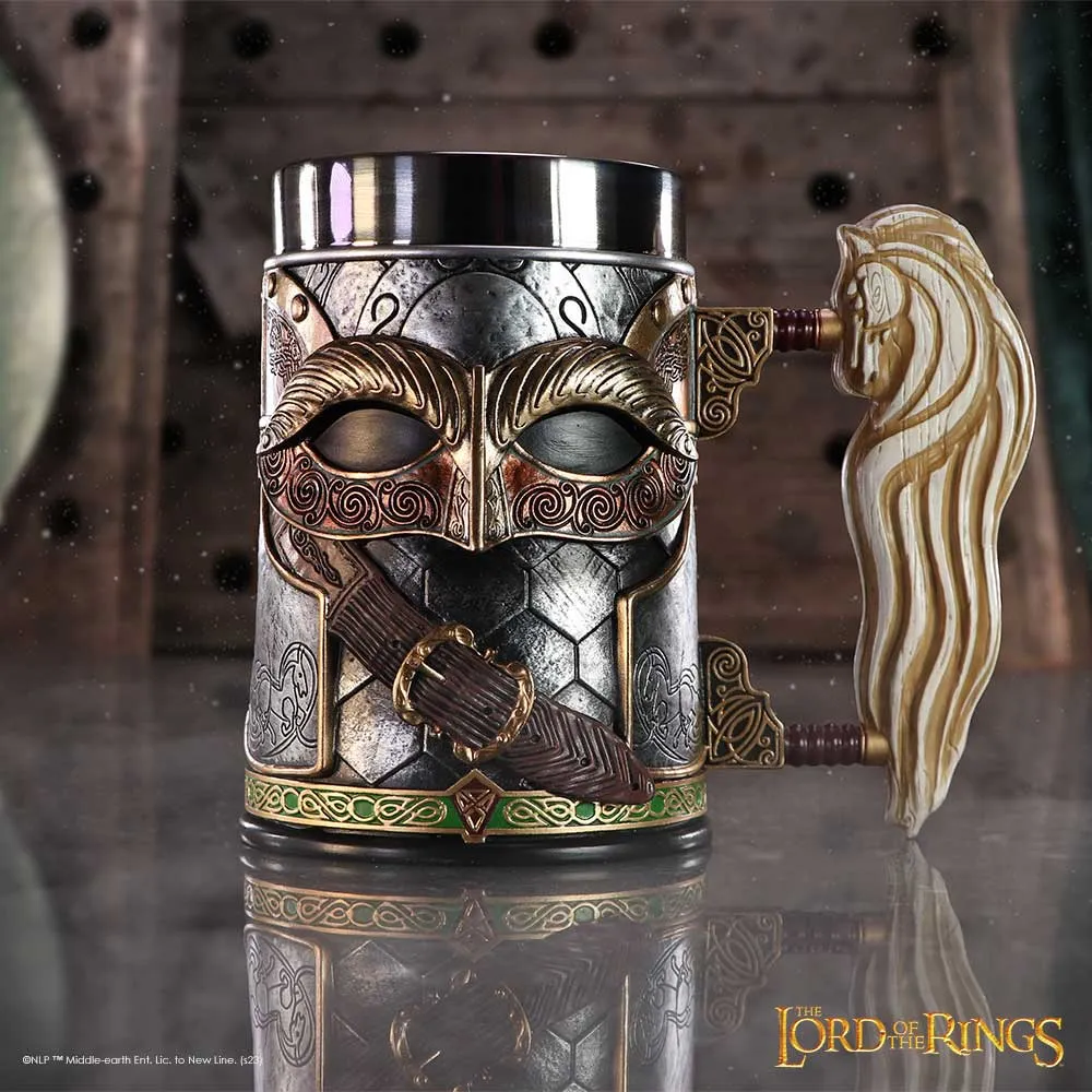 A fantasy Rohan-style metal mug with a horse-shaped handle inspired by The Lord of the Rings.