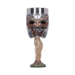 A medieval-style Viking goblet with ornate helmet design and horse-shaped stem.