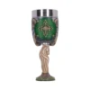 Medieval Goblet Stainless Steel Green Gold Horse Head Stem A medieval-style goblet with a green enamel body, golden sun emblem, and sculpted horse head stem.