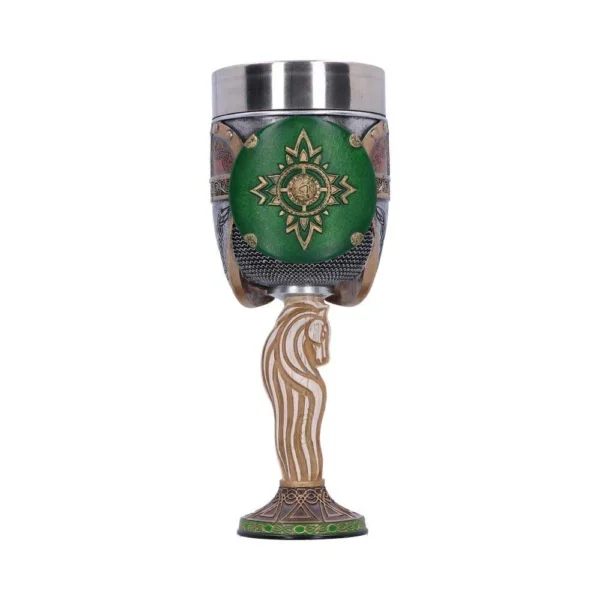 Medieval Goblet Stainless Steel Green Gold Horse Head Stem A medieval-style goblet with a green enamel body, golden sun emblem, and sculpted horse head stem.