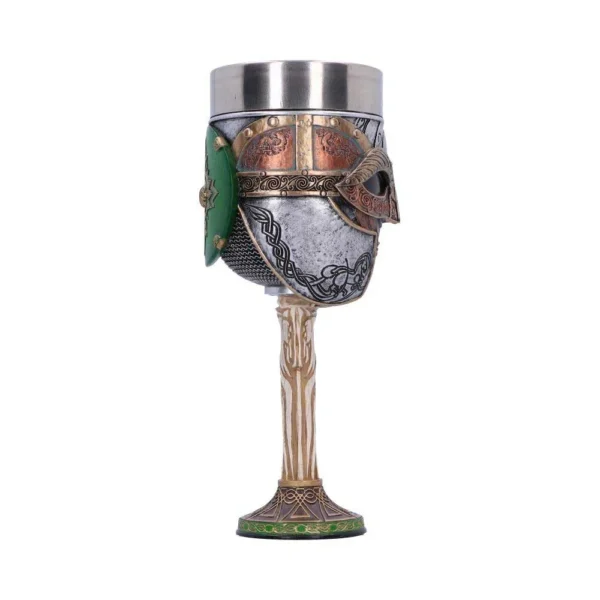 Medieval Warrior Helmet Goblet Silver Bronze - Engraved Detail Medieval-style goblet shaped like a warrior helmet with silver, bronze, and green decorative details.