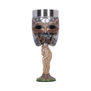 Viking Goblet Metal Chalice Silver Bronze Helmet Design A medieval-style Viking goblet with ornate helmet design and horse-shaped stem.