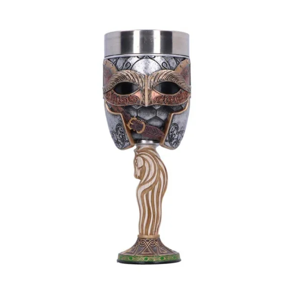 Viking Goblet Metal Chalice Silver Bronze Helmet Design A medieval-style Viking goblet with ornate helmet design and horse-shaped stem.