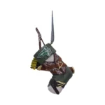 A green and brown elven boot ornament with gold accents and a hanging loop.