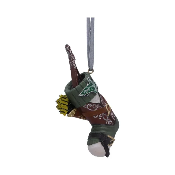 Elven Ranger Boot Ornament Resin Green Brown - Leaf & Bow Detail A fantasy-style green and brown boot ornament with bow, arrows, and silver leaf detailing.