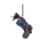 Gray fantasy-themed Christmas stocking ornament filled with miniature swords, armor pieces, and adventure gear.