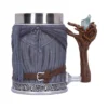 Fantasy-style gray mug shaped like a cloaked figure with a wooden handle and blue crystal.