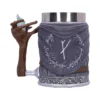 Fantasy Ceramic Mug Gray With Wooden Handle And Blue Crystal Fantasy-themed decorative mug with runic engravings, wooden branch handle, and glowing blue crystal accent.