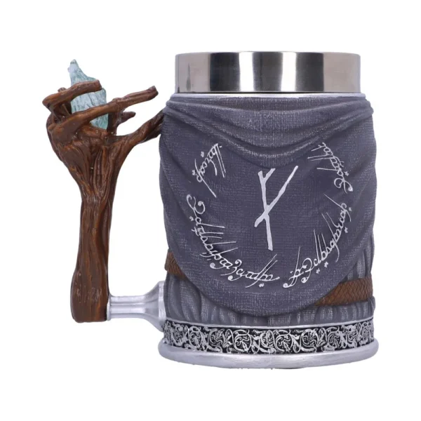 Fantasy-themed decorative mug with runic engravings, wooden branch handle, and glowing blue crystal accent.