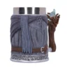Wizard Robe Mug Resin Grey With Wooden Staff Handle A fantasy-themed wizard robe mug with a wooden staff handle and glowing blue crystal gem.