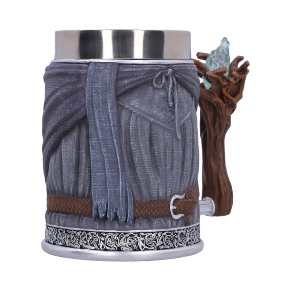 Wizard Robe Mug Resin Grey With Wooden Staff Handle A fantasy-themed wizard robe mug with a wooden staff handle and glowing blue crystal gem.