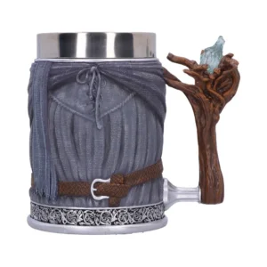 Fantasy Cloaked Figure Mug - Gray Ceramic with Blue Crystal Handle Fantasy-style gray mug shaped like a cloaked figure with a wooden handle and blue crystal.