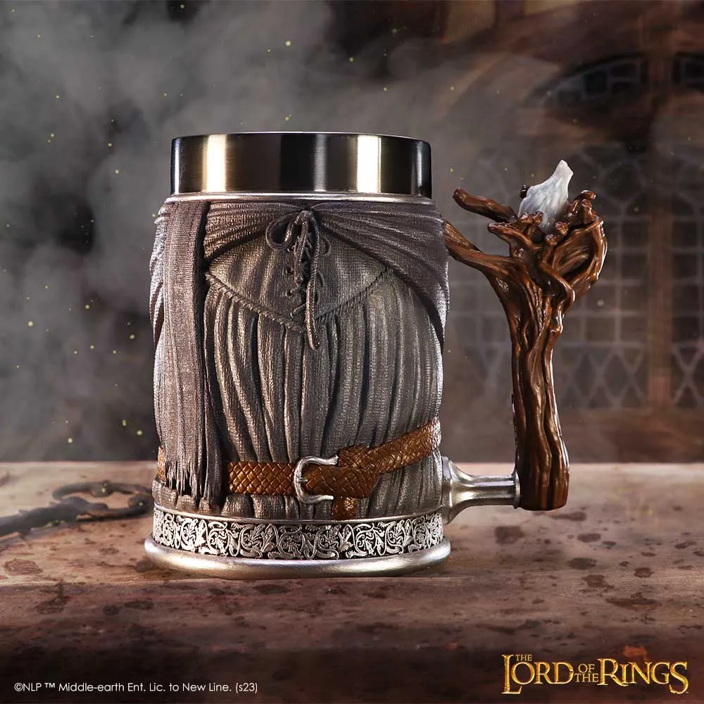 A detailed Gandalf-themed Lord of the Rings tankard with robe design and wooden staff handle.