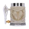 Elven Fantasy Mug Resin Beige With Golden Tree Inscriptions A fantasy-themed mug with golden Elven-style inscriptions and a silver base featuring ornate details.